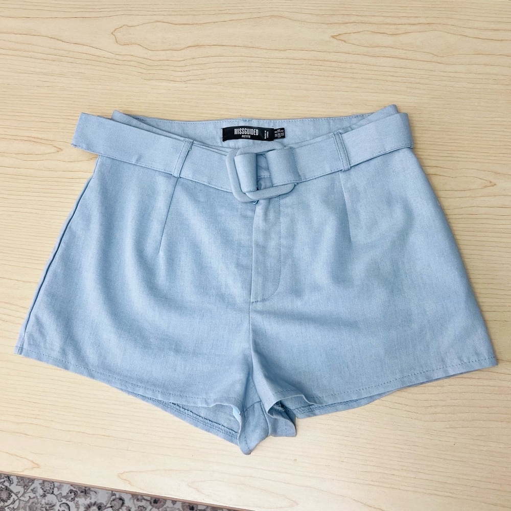 Light Blue Belted Women's High-Waist Shorts
